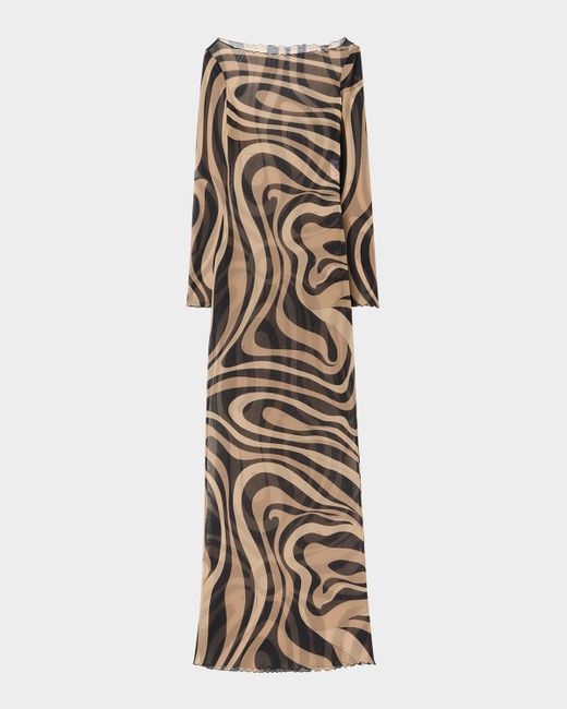 Emilio Pucci Natural Marmo-Print Sheer Mesh Long-Sleeve Maxi Dress