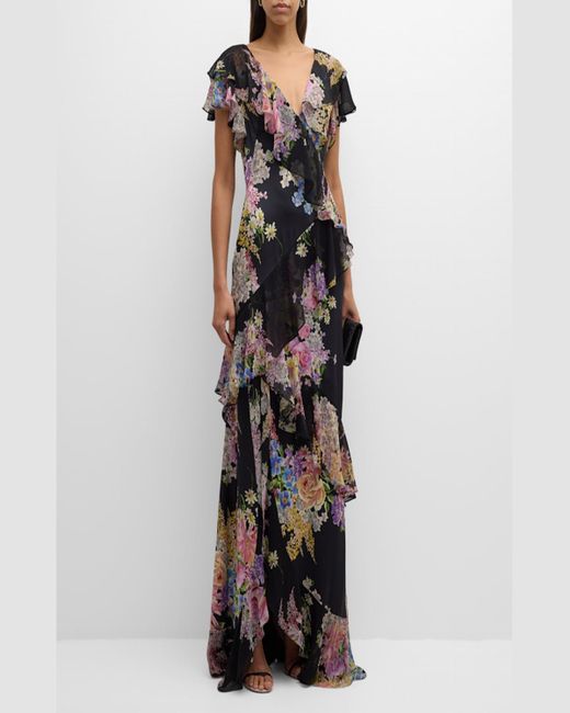 Teri Jon Black Floral-Print Ruffle Chiffon Gown