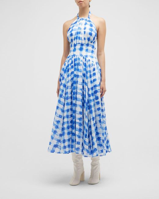 Rosie Assoulin Blue In The Name Of Love Check-Print Halter Midi Dress