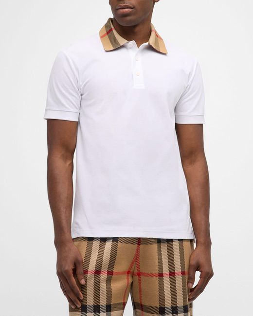 Burberry White Pique Polo Shirt With Check Collar for men