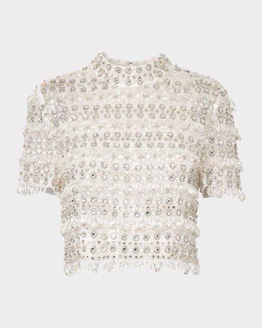 Carolina Herrera White Embellished Mock-Neck Crop Top