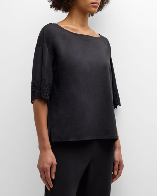 Natori Black Bliss Harmony Lace-Trim Elbow-Sleeve T-Shirt