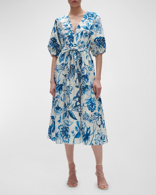 Figue Blue Joyce Floral-print Puff-sleeve Midi Dress
