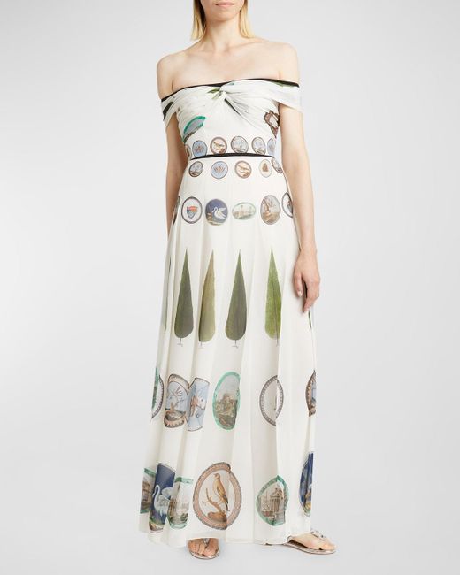 Giambattista Valli White Mosaic-Print Twisted Off-The-Shoulder Pleated Maxi Dress