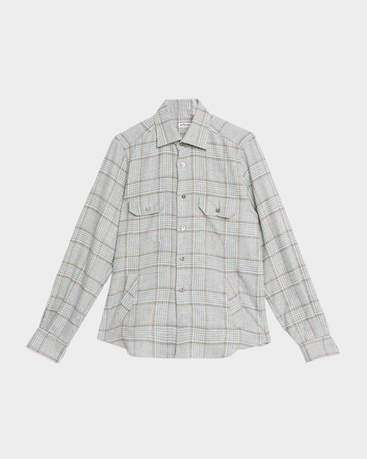 Kiton White Wool-Blend Plaid Overshirt With Pockets for men