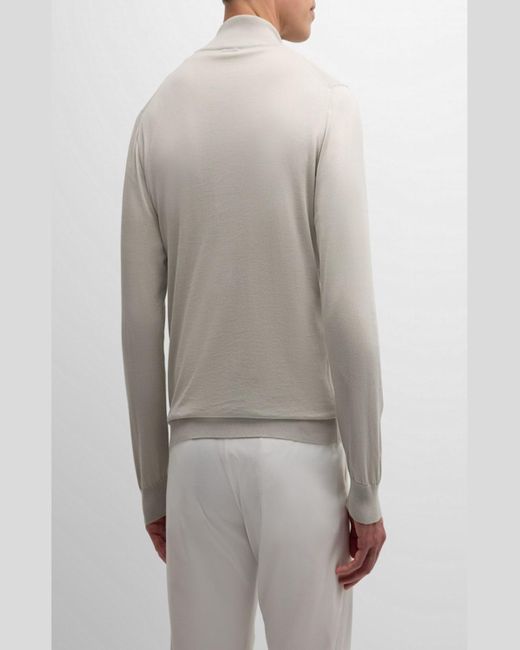 Kiton Gray Quarter-Zip Cotton Sweater With Suede Trim for men