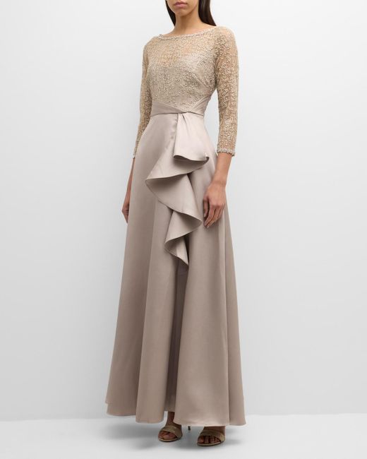 THEIA Natural Zola Ruffle A-Line Lace & Mikado Gown