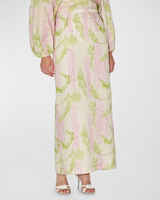 BERNADETTE Metallic Norma Floral-Print Linen Maxi Skirt