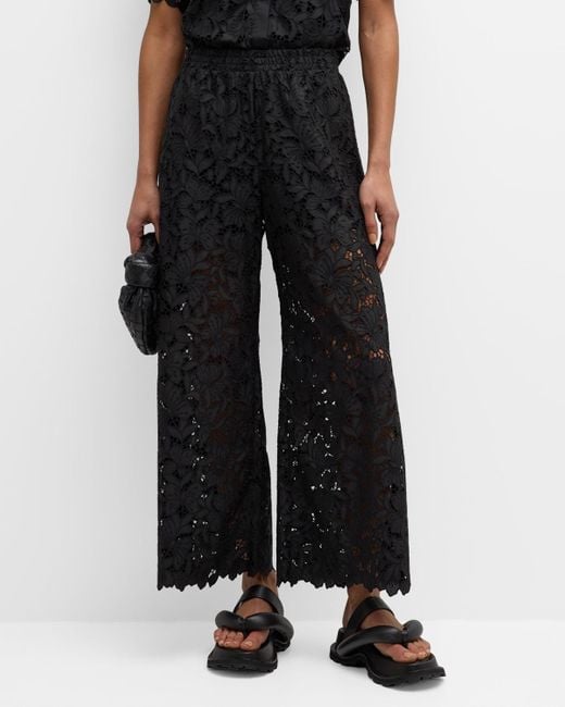 Johnny Was Black Kitt Cropped Wide-Leg Floral Lace Pants
