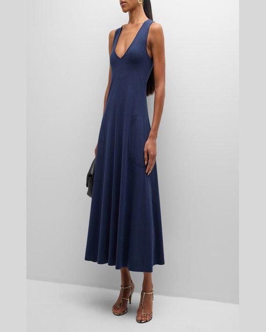 ATM Blue Matte Jersey Deep V-Neck Sleeveless Midi Dress