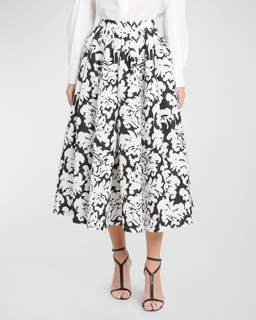 Alexander McQueen White Damask Print Pleated Midi Skirt