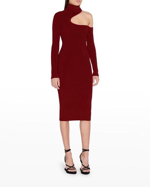 Tom Ford Cutout Turtleneck Ribbed Midi Dress in Red | Lyst