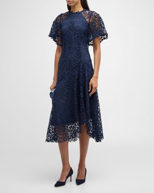 Teri Jon Blue Asymmetric A-Line Floral Lace Midi Dress