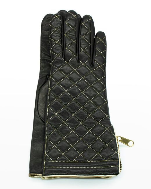 Portolano Black Diamond Quilted Cashmere-lined Zip Gloves