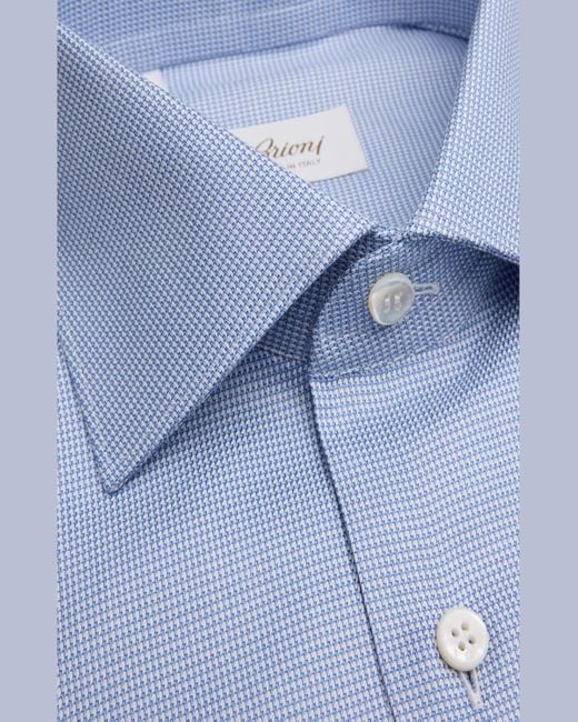 Brioni Blue Cotton Micro-Structure Dress Shirt for men