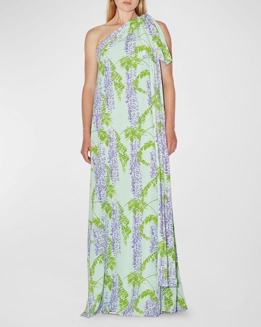 BERNADETTE Green Gala One-Shoulder Wisteria Printed Maxi Dress With Bow Detail