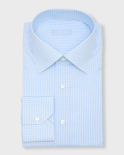 Stefano Ricci Blue Gingham Check-print Egyptian Cotton Dress Shirt for men