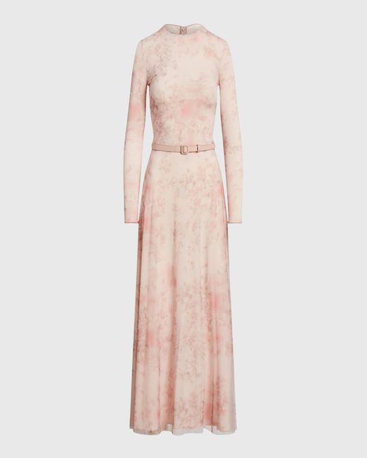 Ralph Lauren Collection Natural Painted Garden Long-Sleeve Tulle Midi Dress With Leather Belt