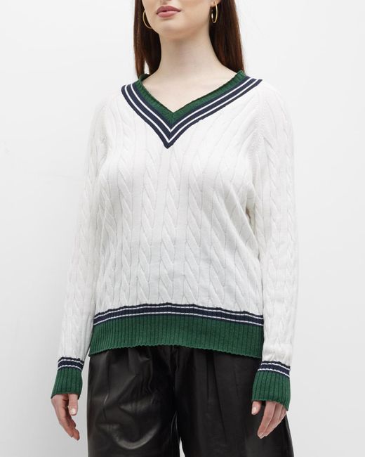 Minnie Rose Plus White Striped-Trim Cable-Knit Sweater
