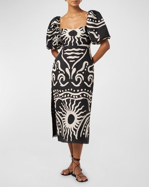 Cala De La Cruz Black Uti Linen Puff-Sleeve Midi Sheath Dress