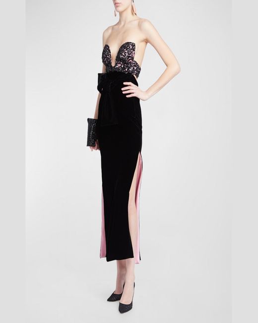 Giorgio Armani Black Crystal Lace Bustier Cowl-Back Slits Velvet Gown