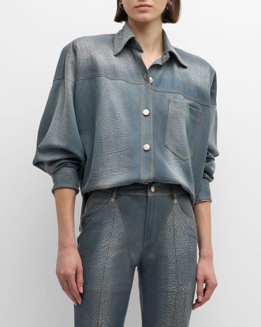 LAQUAN SMITH Blue Denim-Printed Leather Oversized Button-Down Shirt