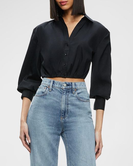 Alice + Olivia Black Trudy Cropped Pleated Blouson-Sleeve Top