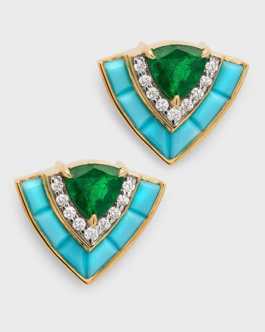 Emily P. Wheeler Green Tiered Stud Earrings In 18k Yellow Gold With Emeralds, Diamonds And Turquoise