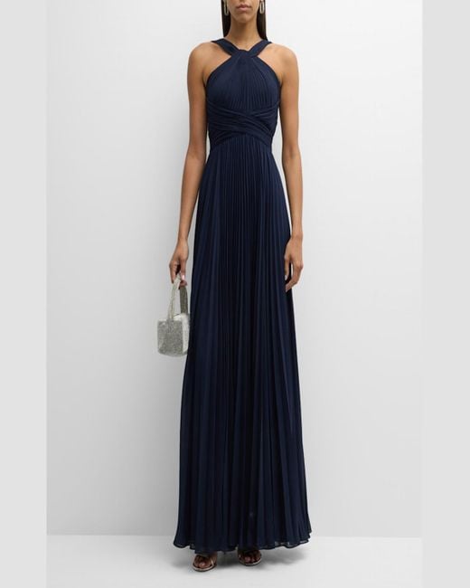 Teri Jon Blue Pleated Twist-Front A-Line Halter Gown