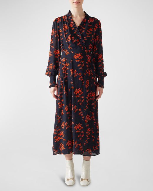 L.K.Bennett Red Odetta Floral Jacquard Midi Wrap Dress