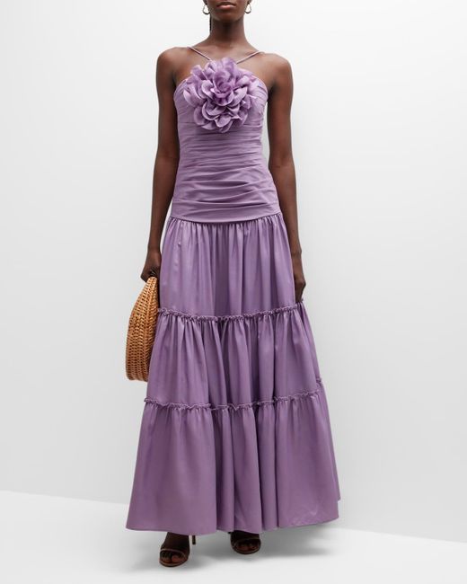 Zac Posen Purple Ruched Floral Applique Gown
