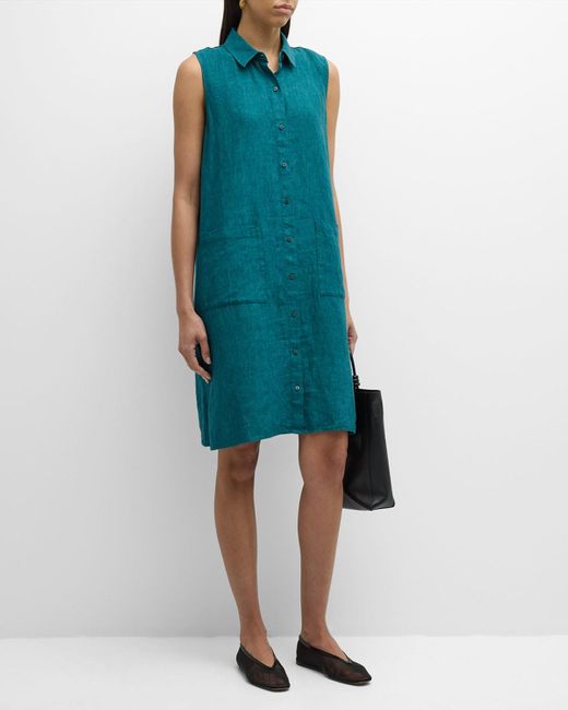 Eileen Fisher Blue Petite Sleeveless Organic Linen Midi Shirtdress