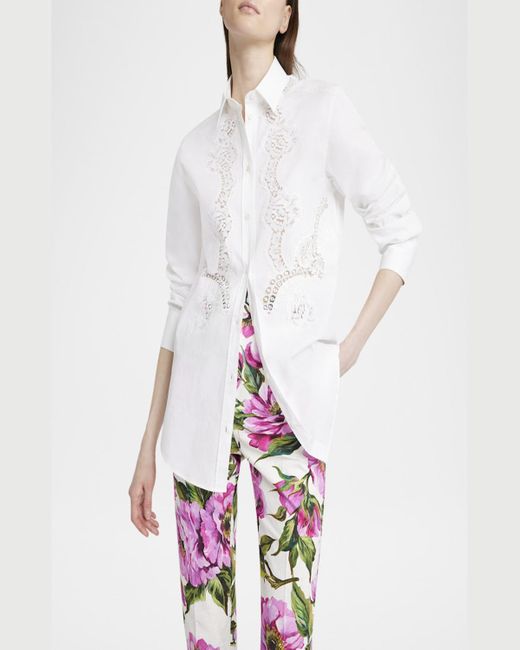 Dolce & Gabbana White Lace Inset Poplin Button Down Blouse