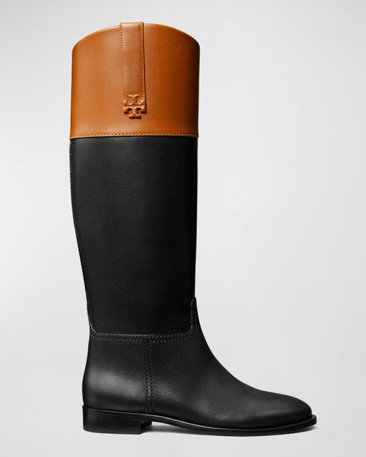 Tory Burch Black Bicolor Leather Double T Riding Boots