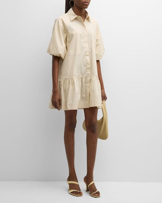 Jonathan Simkhai Natural Chrissy Puff-Sleeve Cotton Poplin Mini Shirtdress