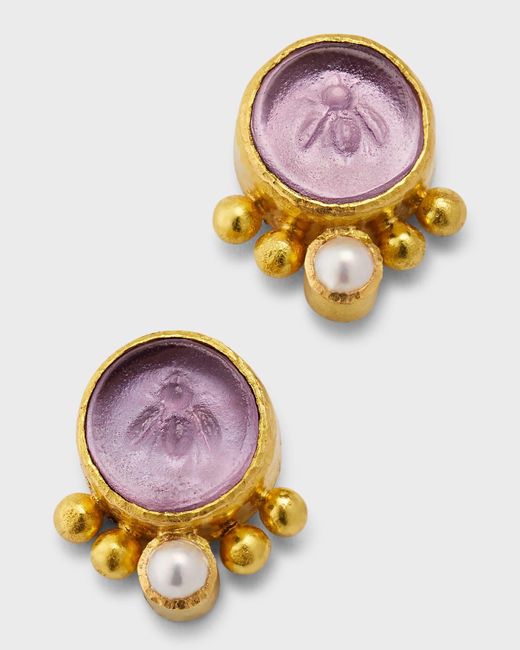 Elizabeth Locke Pink 19k Round Tiny Bee Earrings With 3mm Pearls, Mulberry