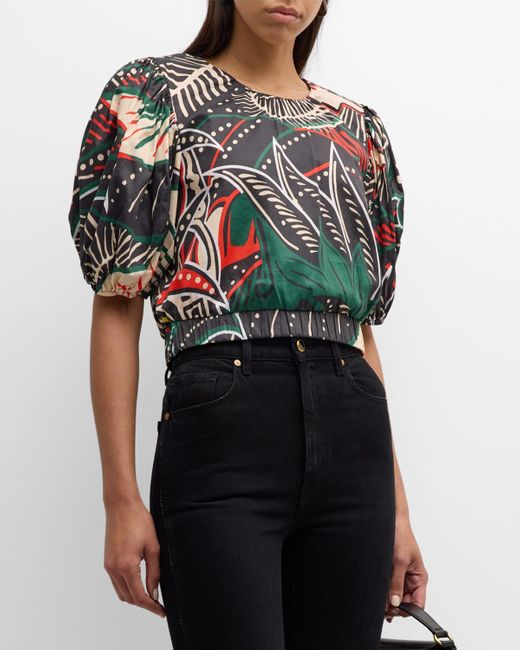 Figue Multicolor Olive Abstract-print Puff-sleeve Crop Top