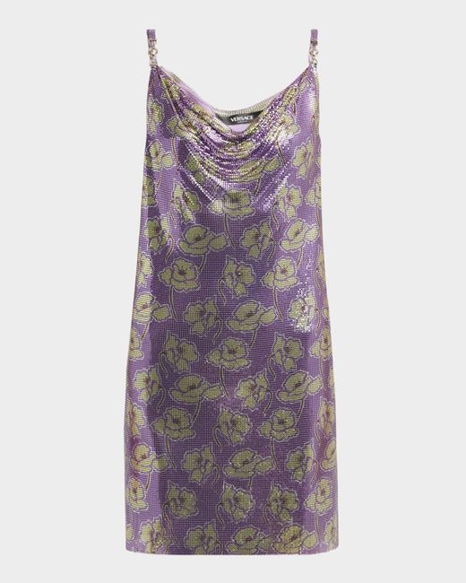 Versace Purple Cowl-Neck Poppies-Print Chainmail Mini Dress