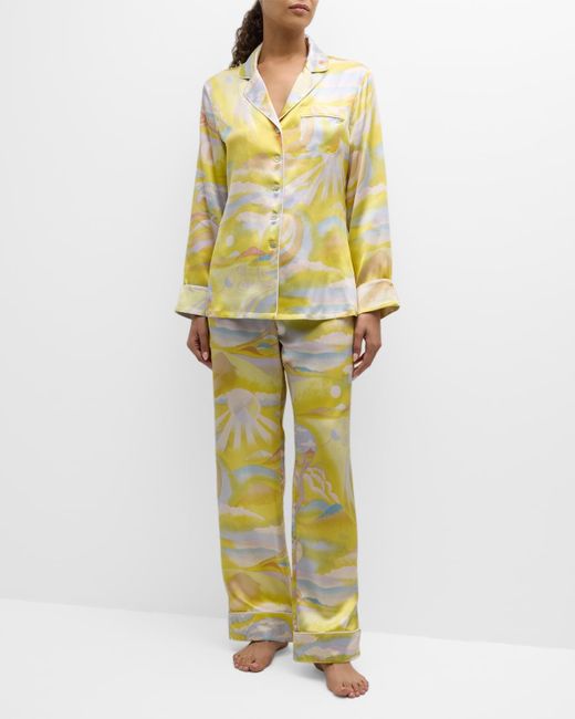 Olivia Von Halle Metallic Lila Landscape-Print Silk Satin Pajama Set
