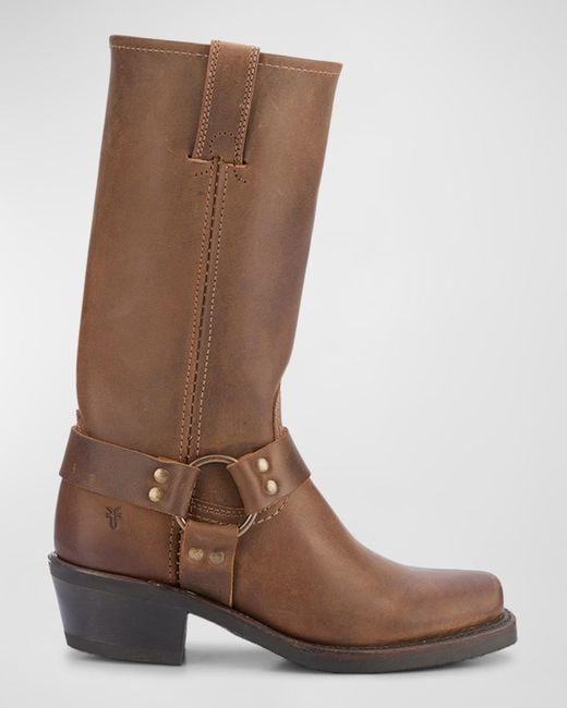 Frye Brown Tall Leather Harness Biker Boots