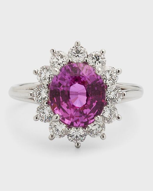 NM Estate Estate Platinum Oval Pink Sapphire And Diamond Wire Gallery Cluster Ring, Size 6