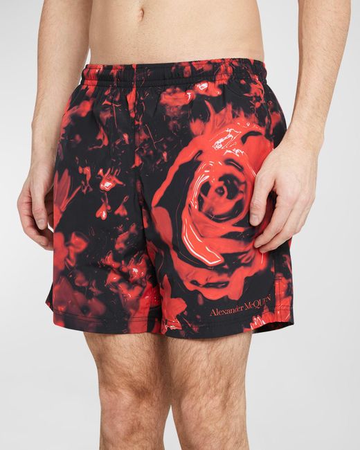 Alexander McQueen Red Wax Floral Swim Shorts for men
