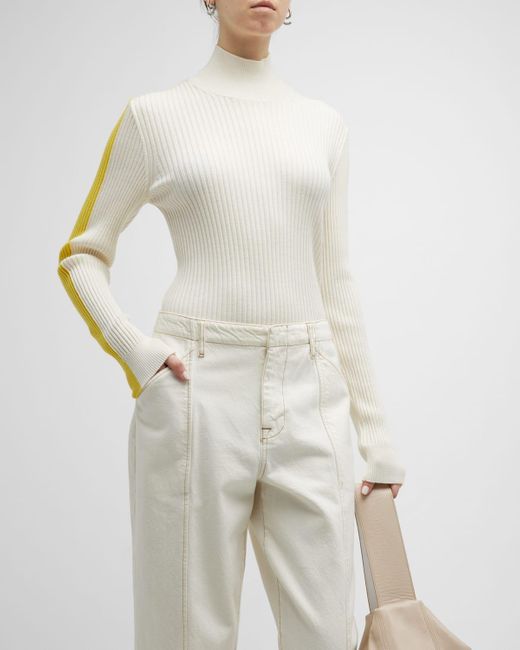 Moncler White Ribbed Turtleneck Sweater W/ Colorblock Detail