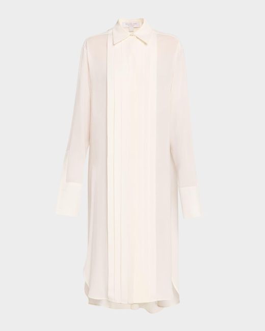 Michael Kors White Pleated Placket Silk Georgette Midi Shirtdress