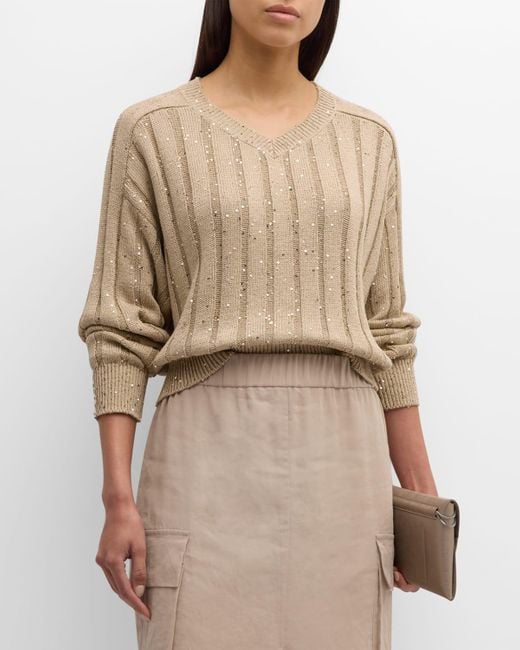 Brunello Cucinelli Natural Chunky Ribbed Knit Sweater With Paillette Detail