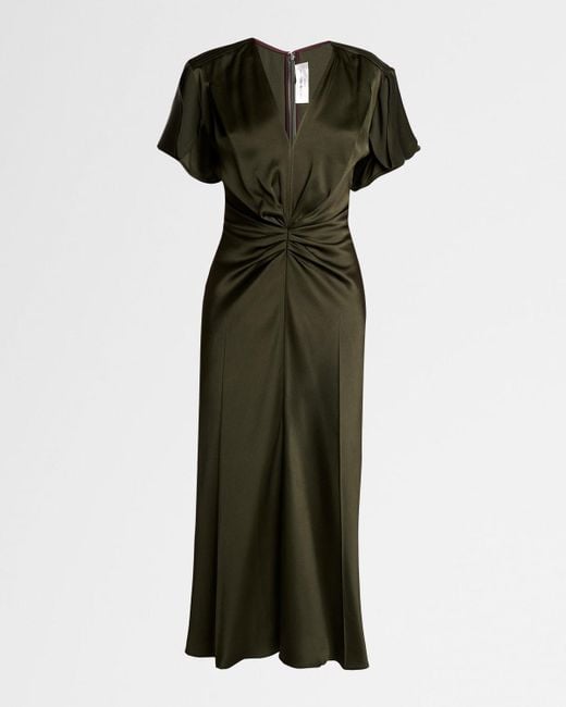 Victoria Beckham Green Bella V-Neck Ruched Satin Midi Dress