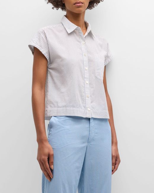 ATM Blue Pinstripe Cotton Point-Collar Short-Sleeve Shirt