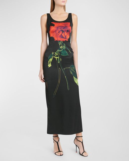 Alexander McQueen Green Scoop-Neck Sleeveless Flower-Print Silk Maxi Dress
