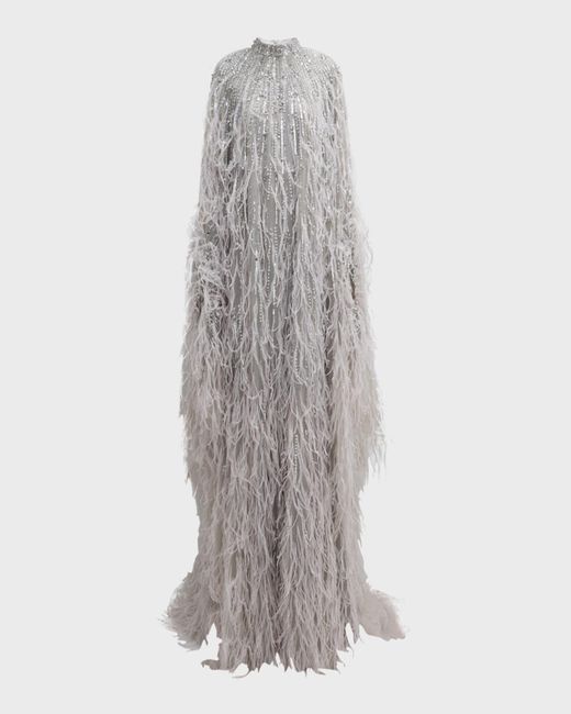 Pamella Roland Gray Feather Beaded Tulle Cape Caftan Gown