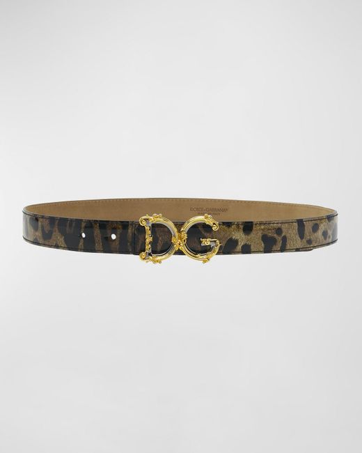Dolce & Gabbana Natural Leopard Patent Leather Belt With Baroque Logo Buckle